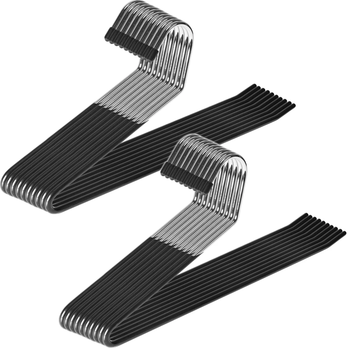 Twenty slim metal pants hangers with rubber-coated open ends in a pack