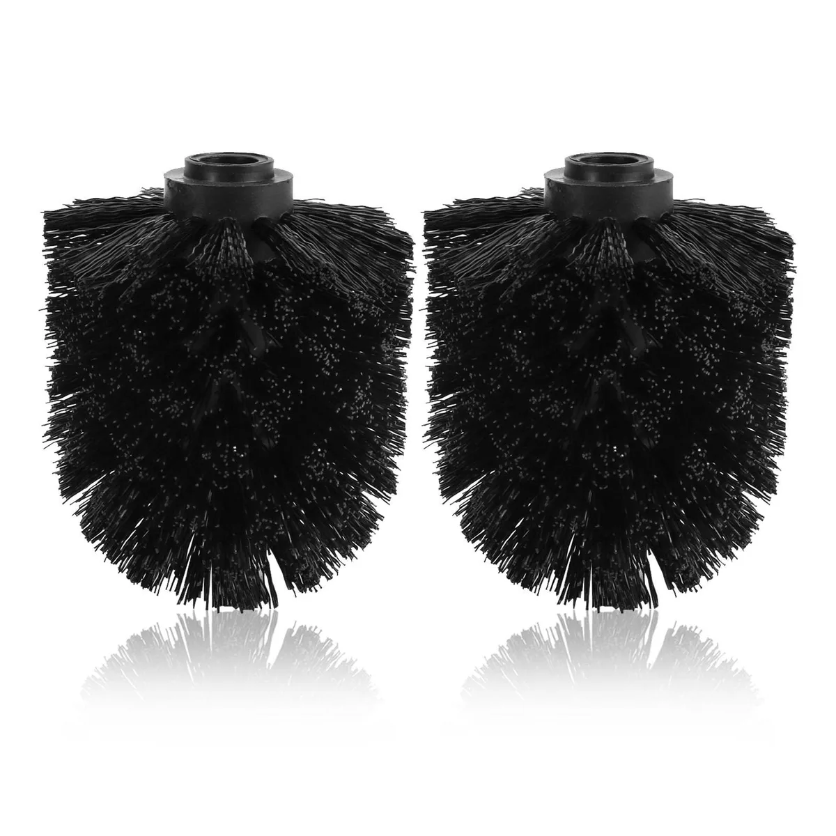Two black plastic toilet brush heads with stiff bristles and 12 mm threaded base