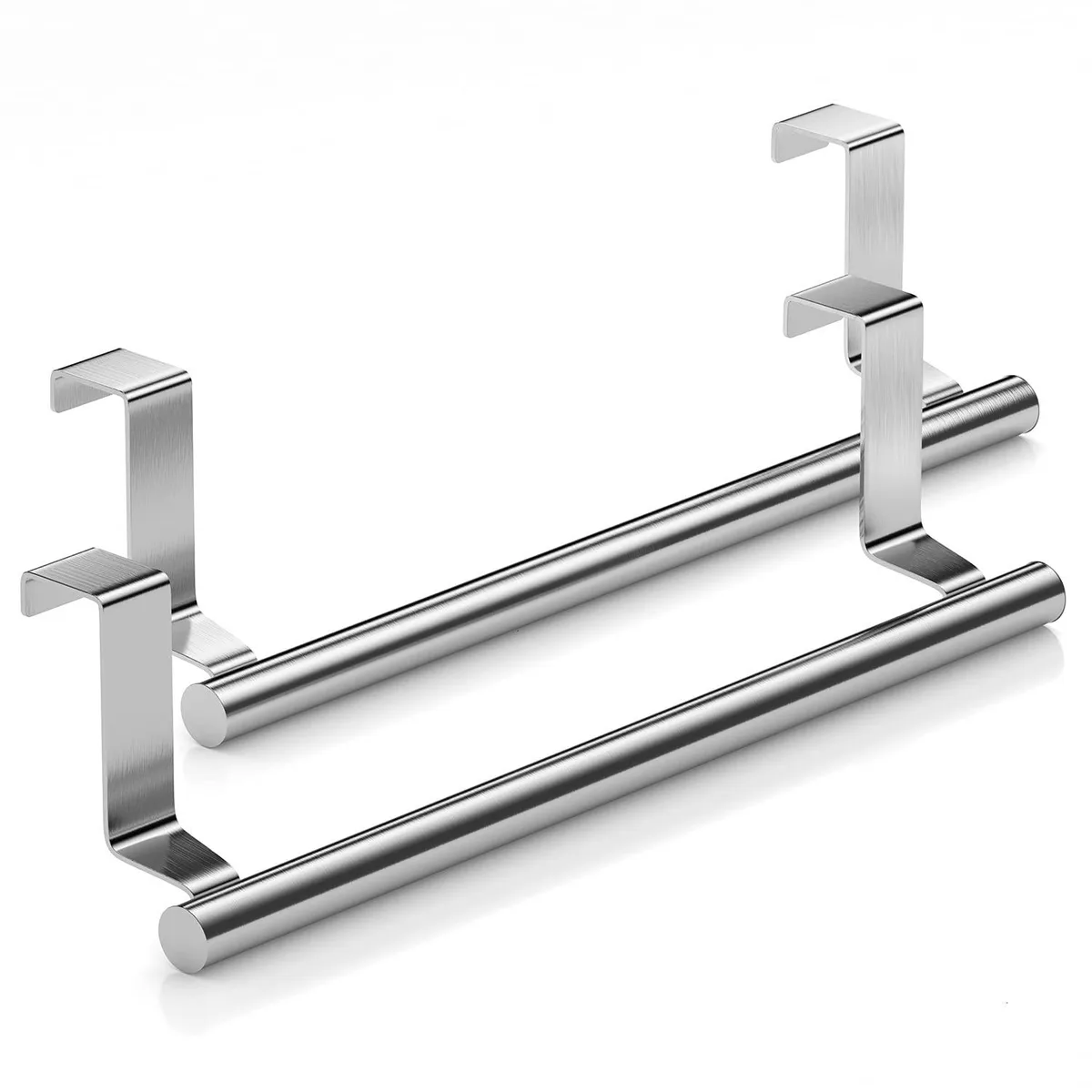 Two brushed stainless steel bars with over-door hooks and foam pads, silver finish