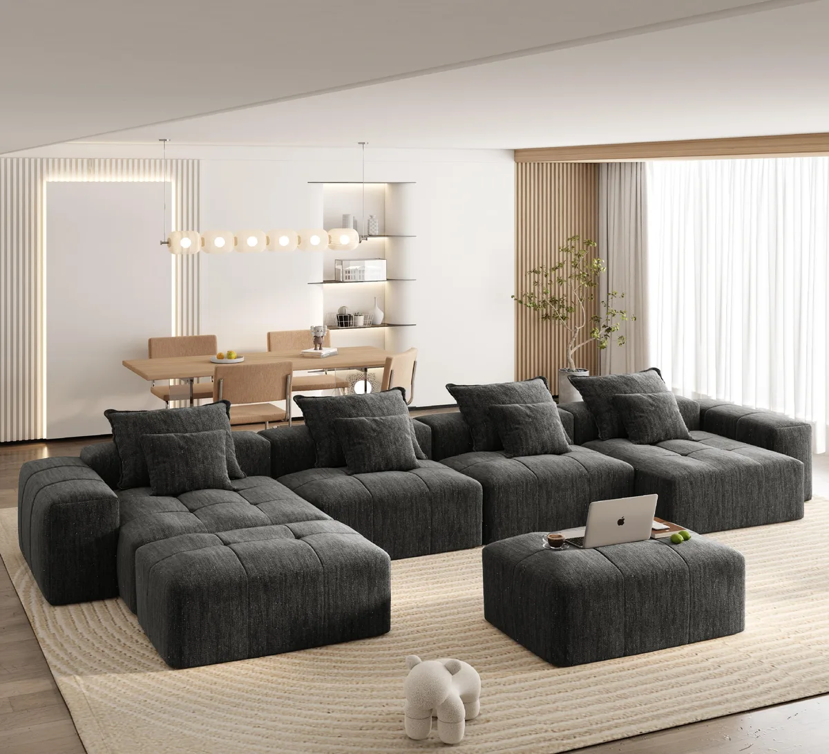 Black modular sectional sofa with sparkling chenille fabric, tufted cushions, eight pillows, multiple configurations