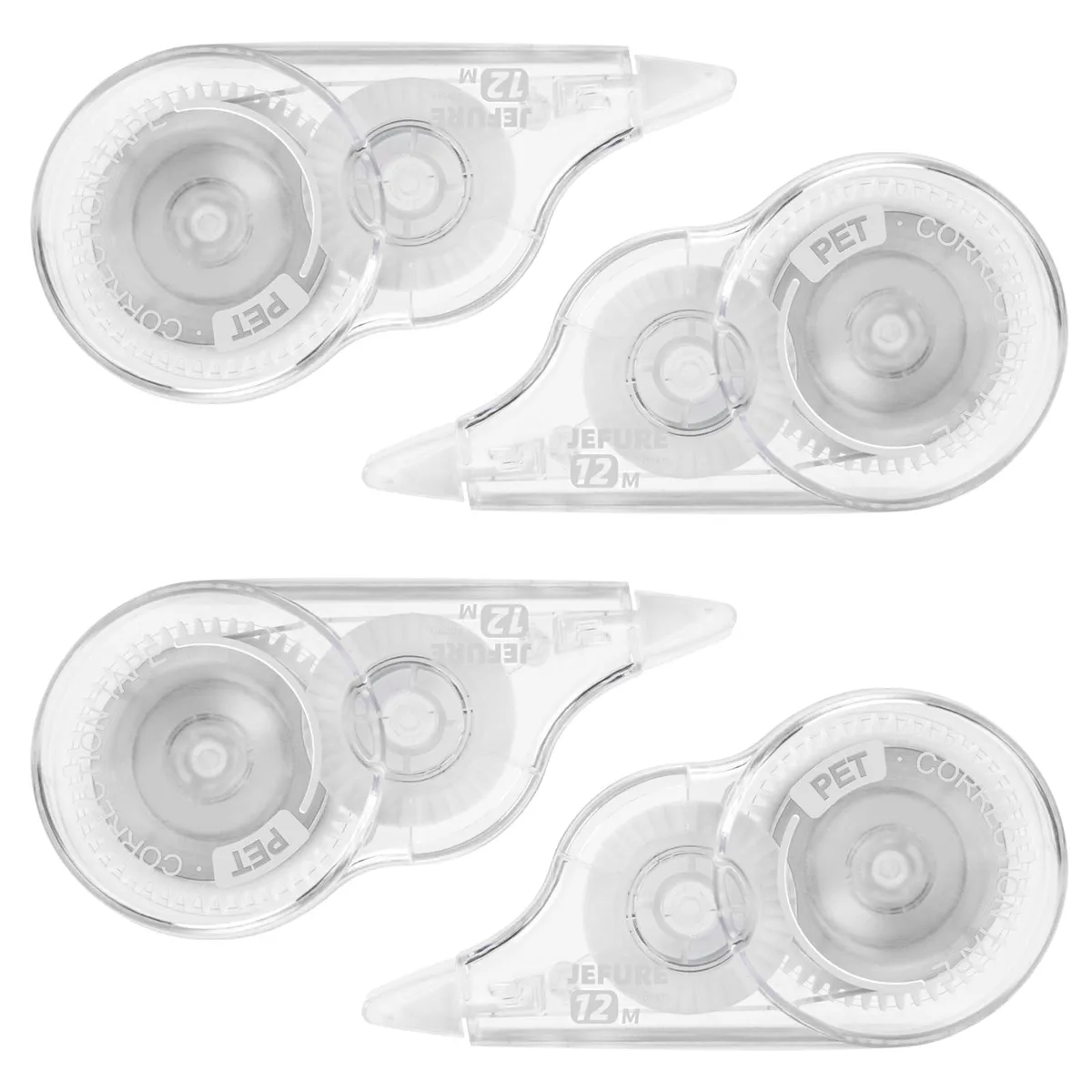 Four transparent plastic correction tape dispensers side by side