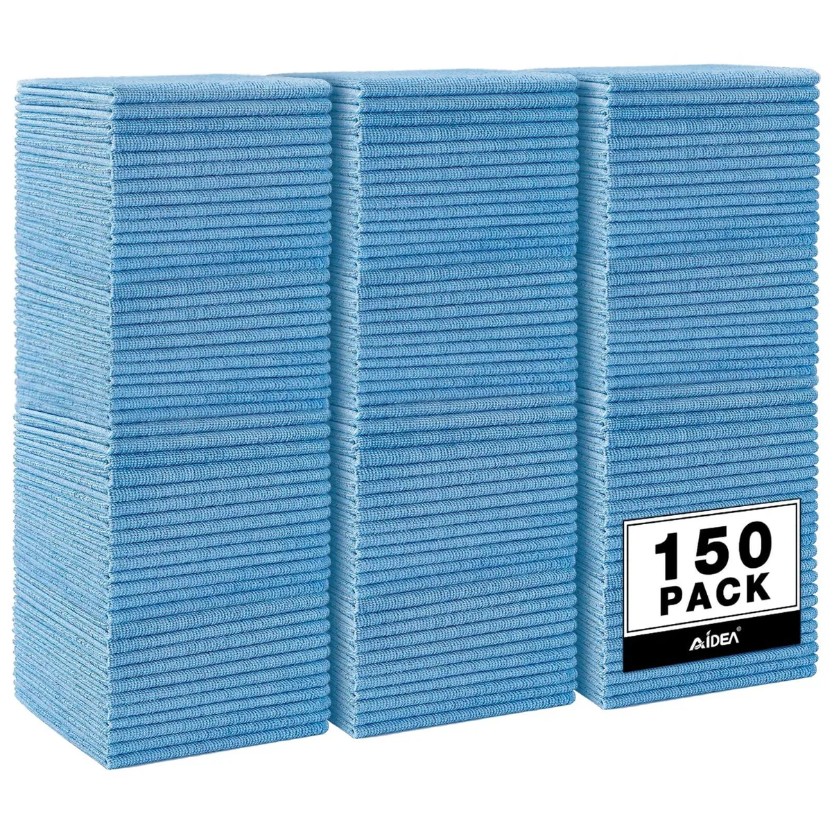 A stack of 150 blue microfiber cloths each 12 by 12 inches