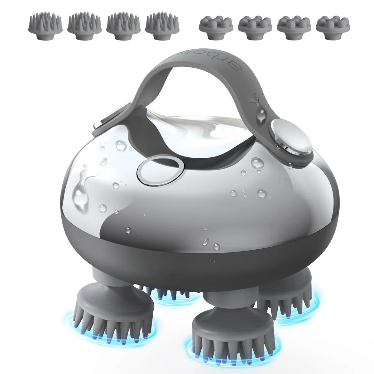 Blue handheld scalp massager with eight removable silicone claws, rounded ergonomic grip