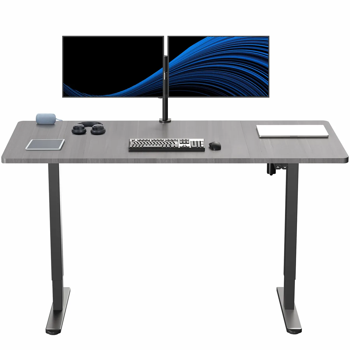 Dark gray rectangular tabletop on black steel electric frame 60 by 30 inches