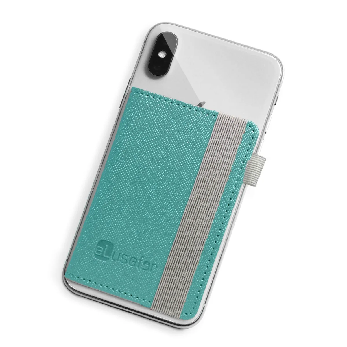 Turquoise faux-leather stick-on phone wallet with card sleeves and elastic strap