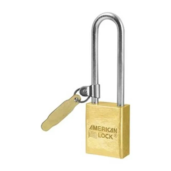Gold rectangular brass padlock with long shackle