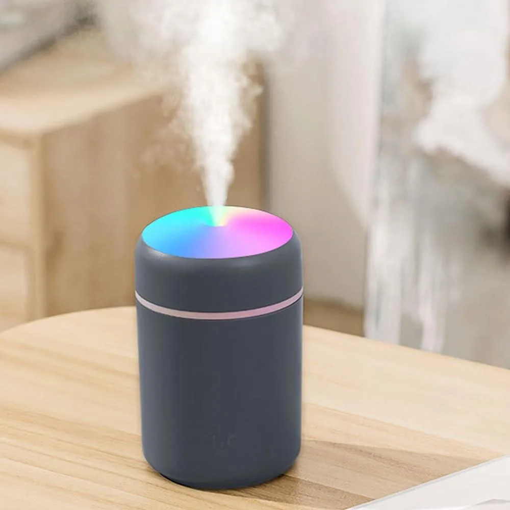 Compact grey plastic humidifier with USB cable, 300ml water tank, colorful LED night light, touch button, cotton filter visible inside