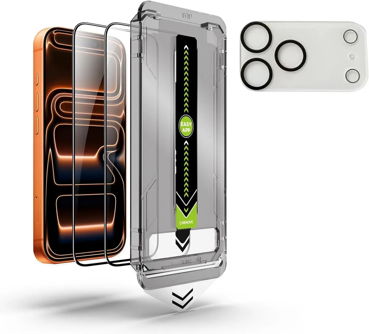 Two screen protectors and one camera lens protector in clear tempered glass