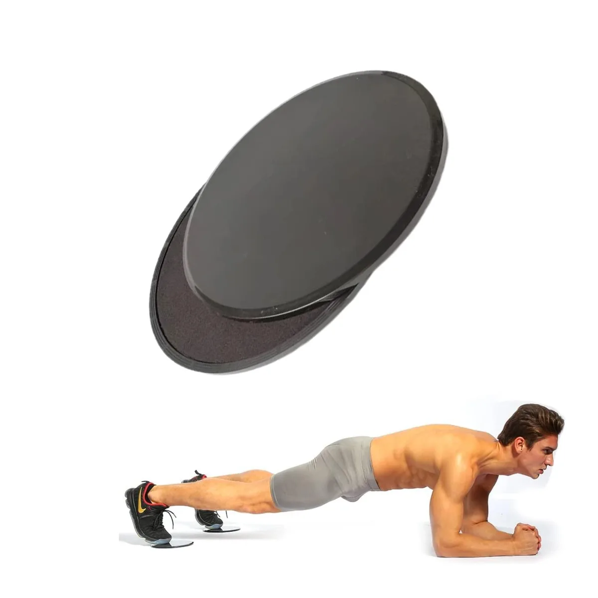 Two black circular exercise sliders with smooth and foam sides, stacked together