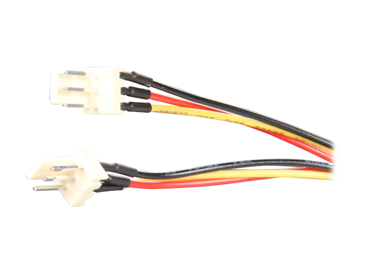 Short Y-cable with one 3-pin female and two 3-pin male connectors, multi-coloured wires