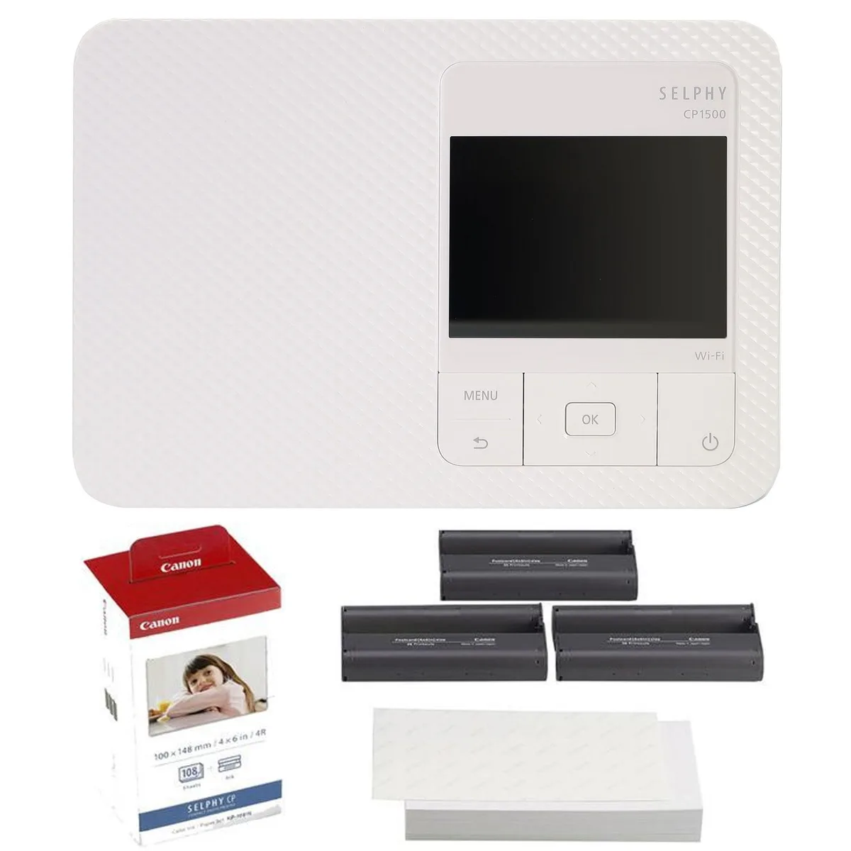 Canon Canon SELPHY CP1500 Photo Printer White with KP-108IN Ink Paper Set camera accessory — product photo