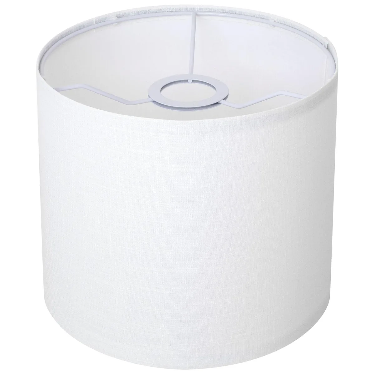White linen drum lampshade, matte gun metal finish, 8.66 inches wide by 7.87 inches high