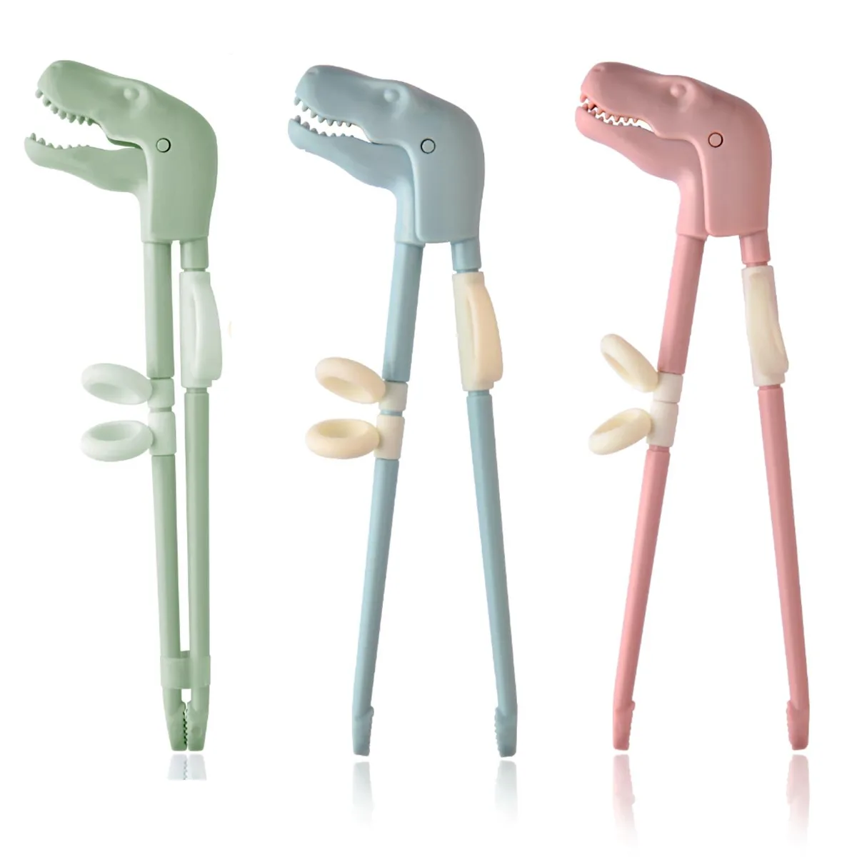 Three pairs of black training chopsticks with T-Rex heads, silicone finger loops, stainless steel tips, nylon handles