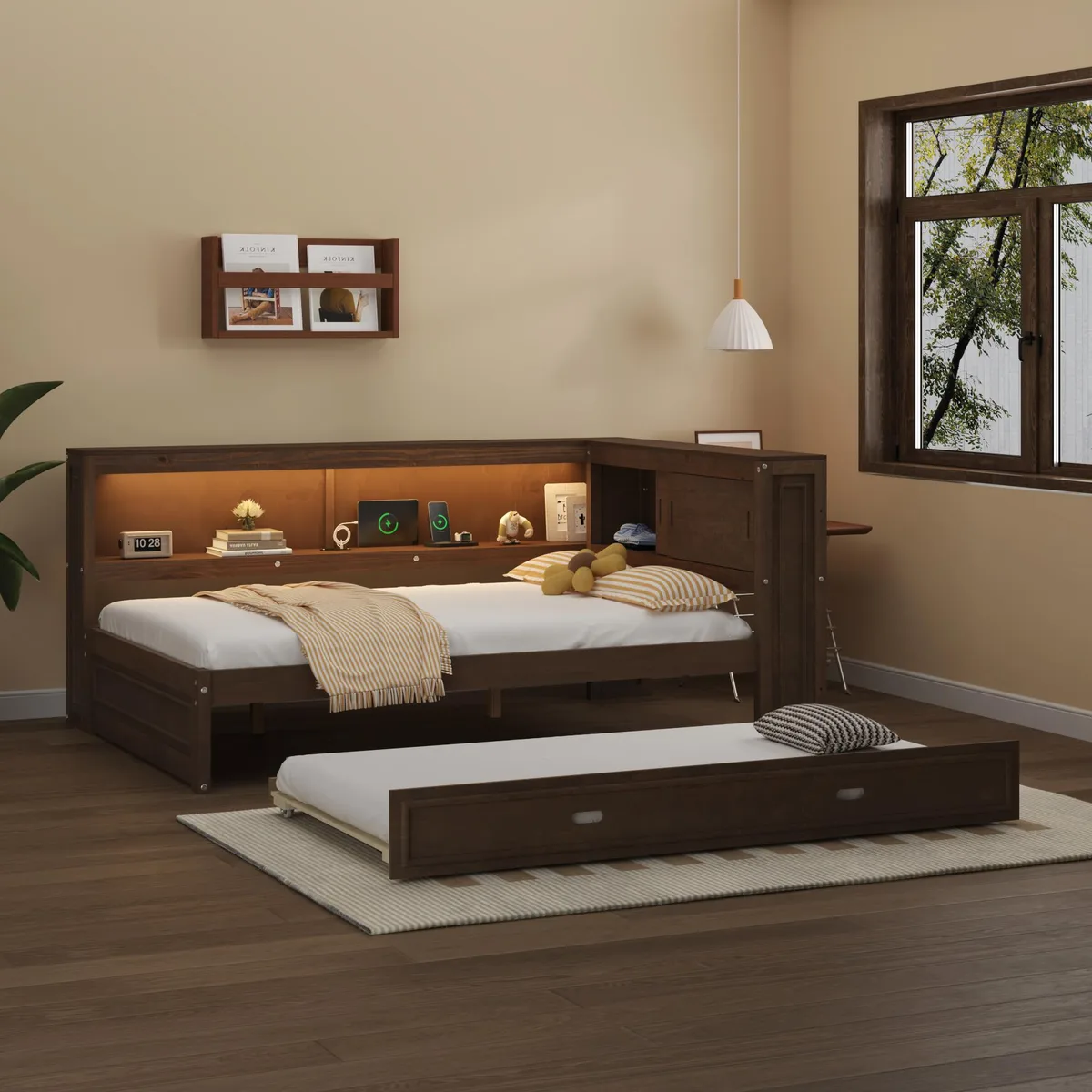 tuphen tuphen Full Size Wood Daybed with Storage Shelves USB LED Trundle Antique Wood Color — product photo