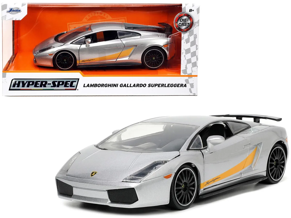 Jada Jada Lamborghini Gallardo Superleggera Silver Metallic Yellow Stripes Hyper-Spec 1/24 Diecast Vehicle 34027 — product photo