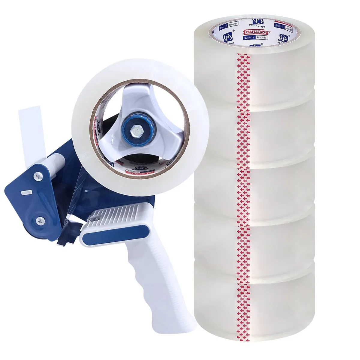  P PERFECTAPE PTCL Heavy Duty Packing Tape 6 Rolls with Gun Clear 2.7 mil 1.88 inch x 55 Yards — product photo