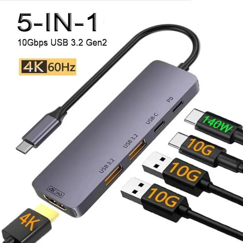 WRIARICH WRIARICH T608-5IN1 USB-C Hub 5-Port 10Gbps 4K60 140W PD Gray — product photo