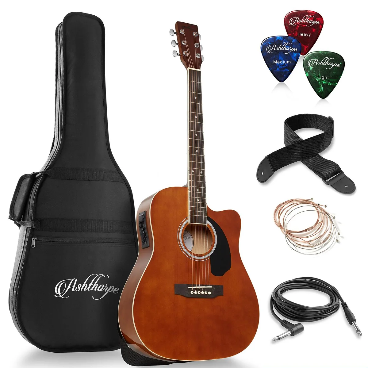 Ashthorpe Ashthorpe 41" Dreadnought Cutaway Acoustic-Electric Guitar Brown — product photo