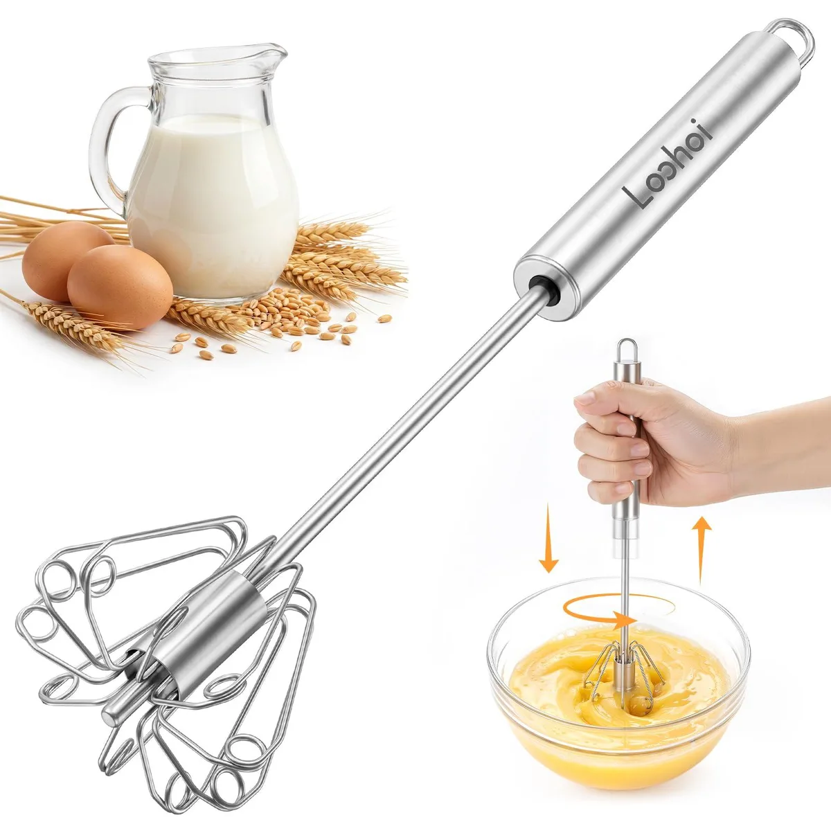 Silver stainless steel semi-automatic push whisk, 10 inch spring head, straight handle