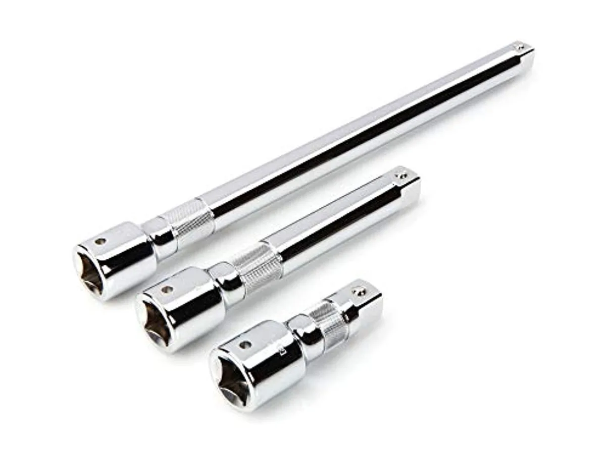 Three chrome 3/4-inch drive extensions 4 8 16 inches knurled grip detent grooves