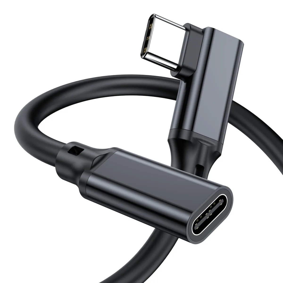 Black right-angle USB-C male-to-female extender cable, 0.7 ft length, aluminum finish