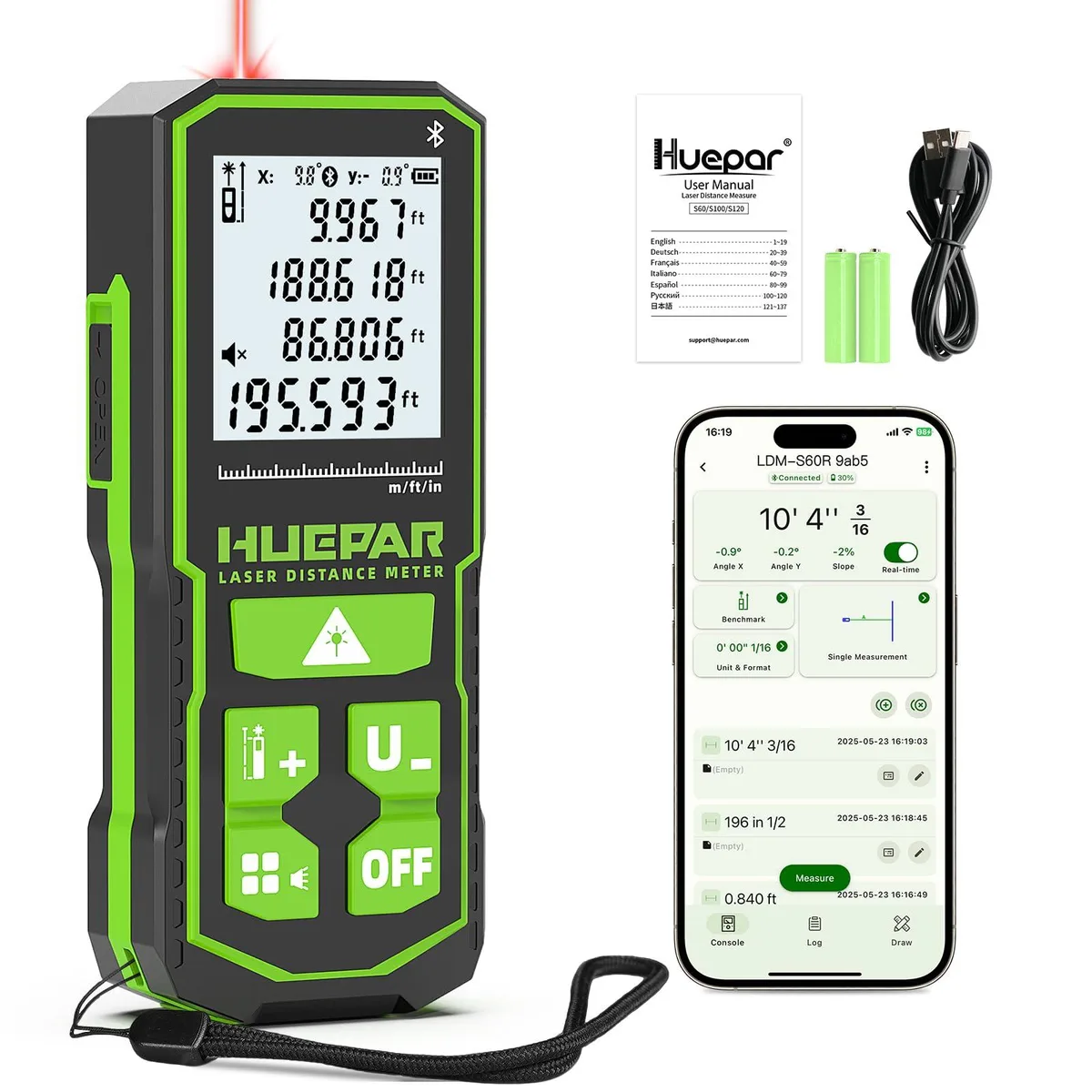  Huepar 200 Ft Laser Distance Meter with Bluetooth &amp; Angle Sensor — product photo