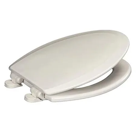 White elongated toilet seat with closed front cover and plastic slow-close hinges