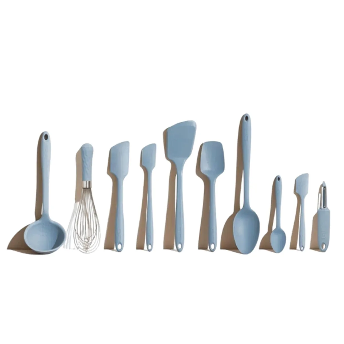 Ten slate silicone utensils with rectangular handles in a set