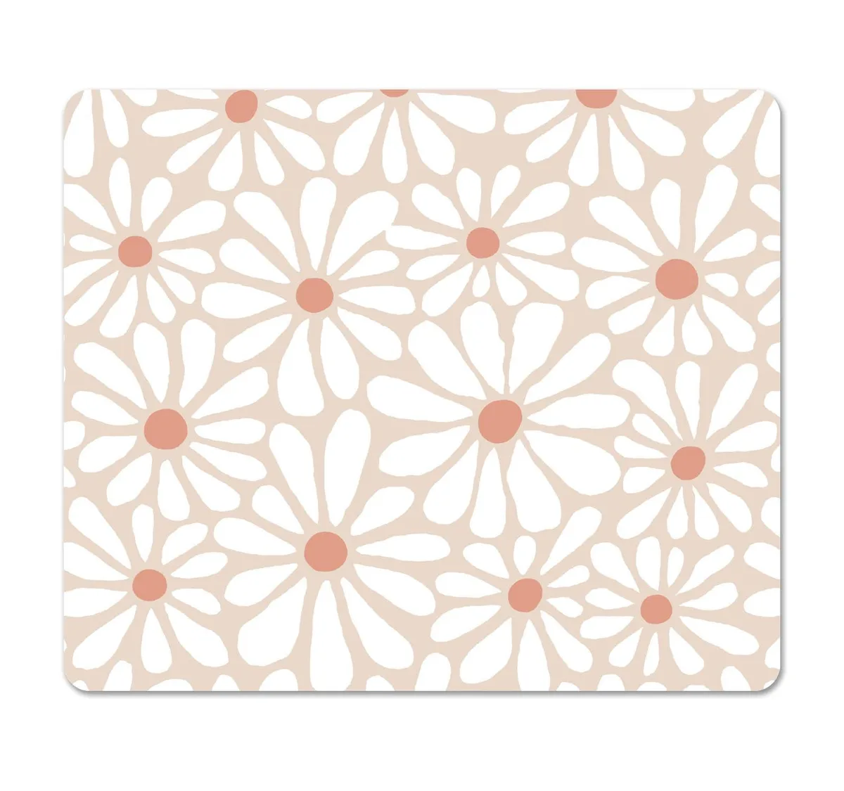 Square beige mouse pad with daisy print, 9.5 by 7.9 inches, thin cloth surface on rubber base