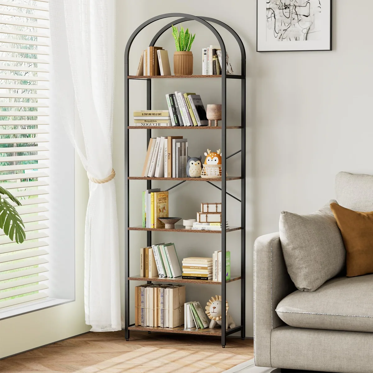 Tall six-tier arched bookshelf with rustic brown shelves and matte black metal frame