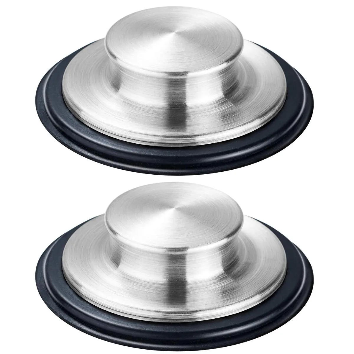 Two brushed stainless steel sink stoppers with wide 3.35 rims