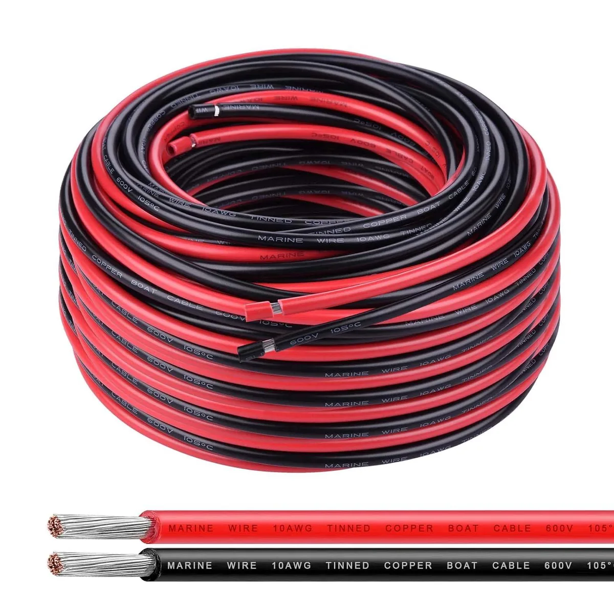WUQ WUQ 10 AWG Tinned Copper Marine Cable 100ft Black &amp; Red car electronics accessory — product photo