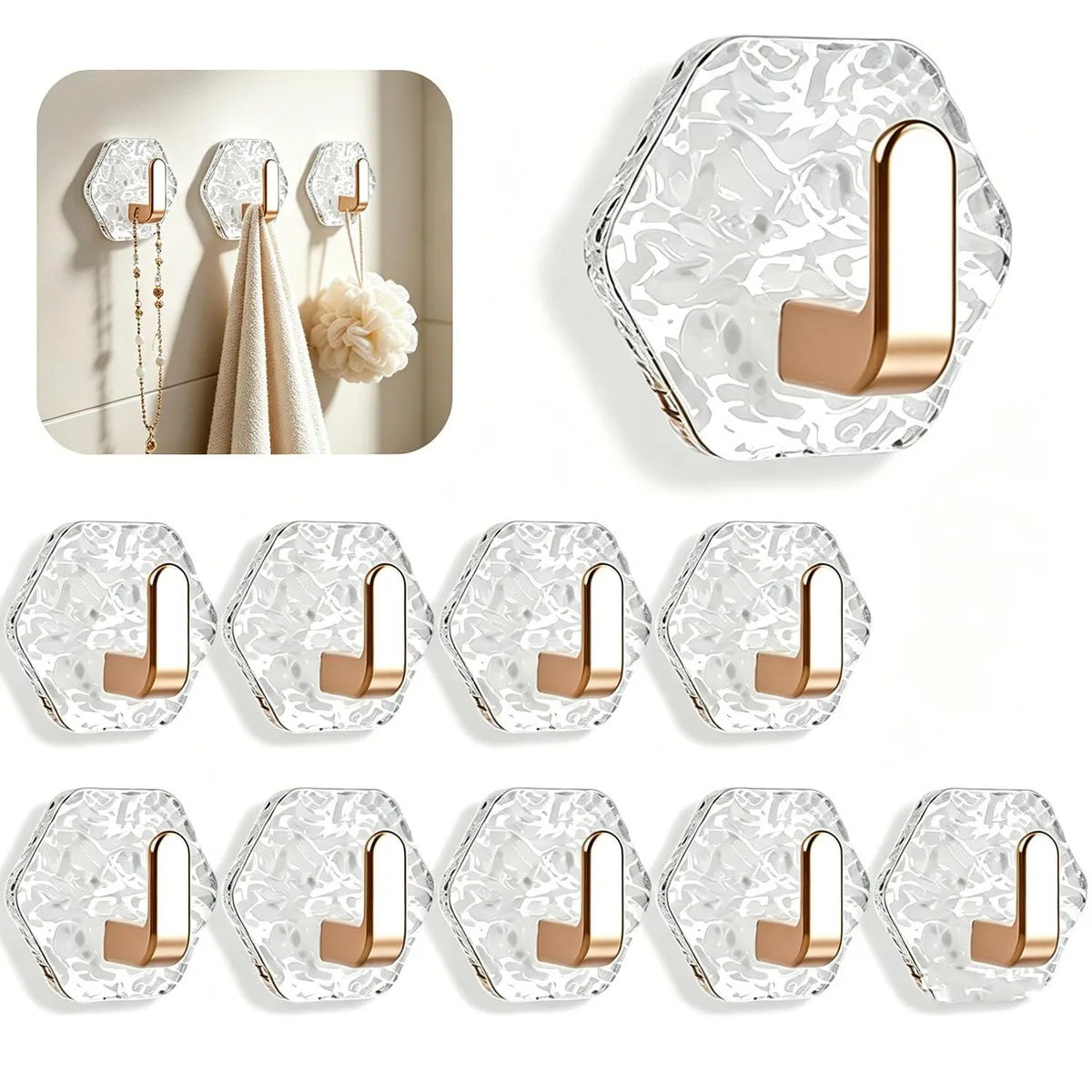 Ten clear hexagonal acrylic bases with water ripple texture and matte gold L-shaped metal hooks
