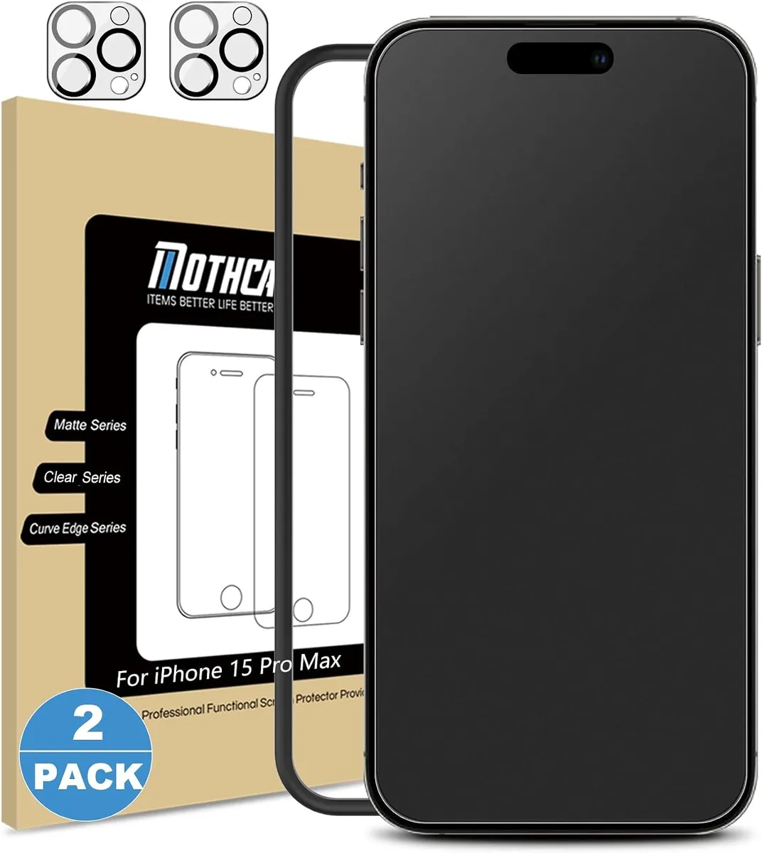 NuoTo NuoTo 2 Pack Matte Glass Screen Protector iPhone 15 Pro Max 6.7 inch + 2 Pack Camera Lens Protector — product photo
