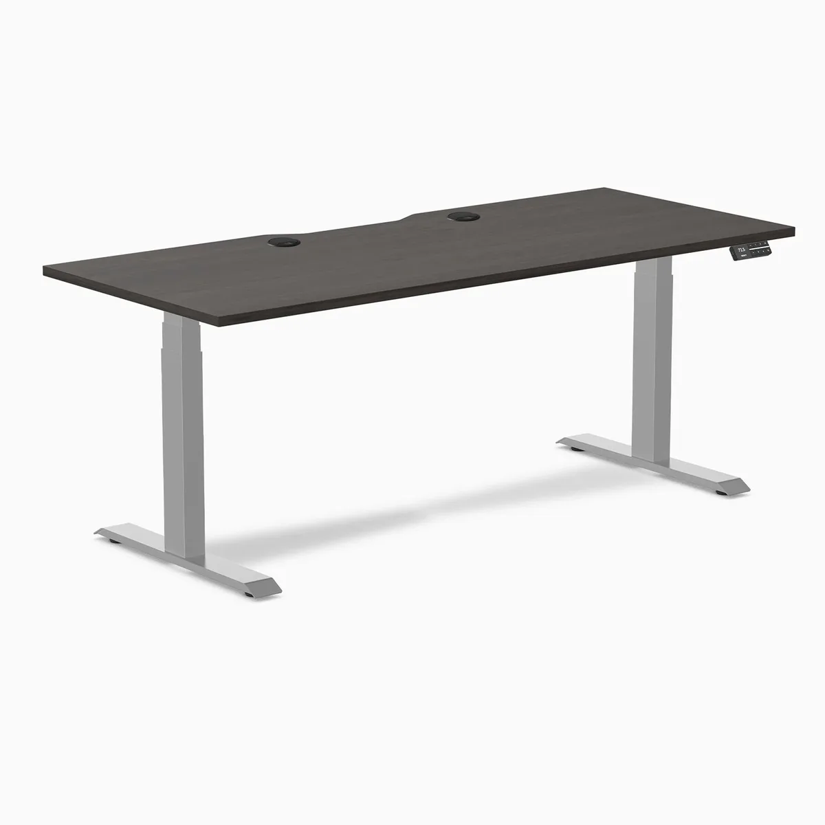 Desky Desky Dual Scalloped Laminate Sit Stand Desk Burnished Wood Grey 70.9 x 29.5 in with Grommets — product photo