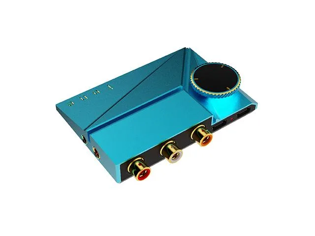 Blue desktop DAC and headphone amplifier with 3.5mm and 4.4mm outputs