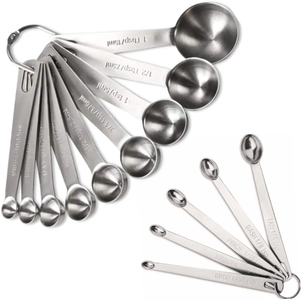 14 stainless steel measuring spoons on a D-ring