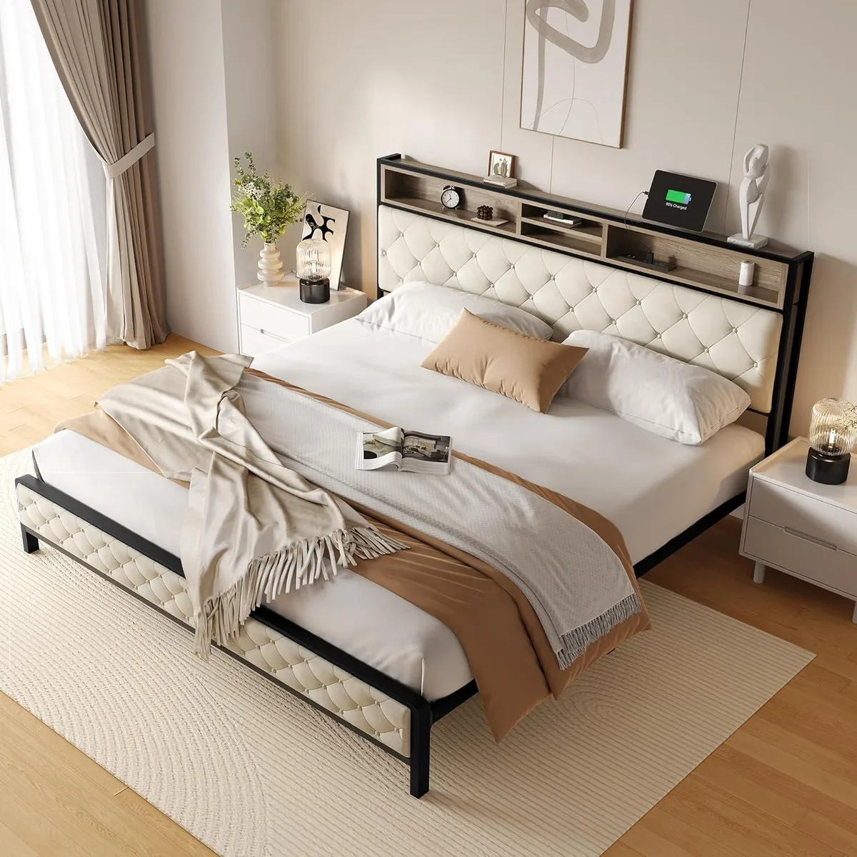 Beige upholstered king bed frame with built-in charging station and storage headboard