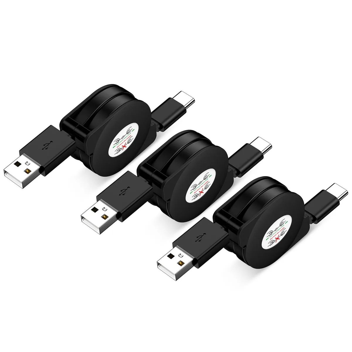 Three blue retractable USB-A to USB-C car cables coiled on a surface