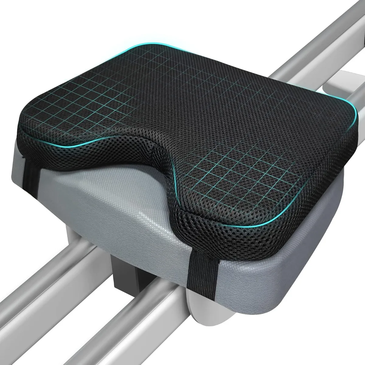 Black rectangular seat cushion with two securing straps, memory foam core, washable cover