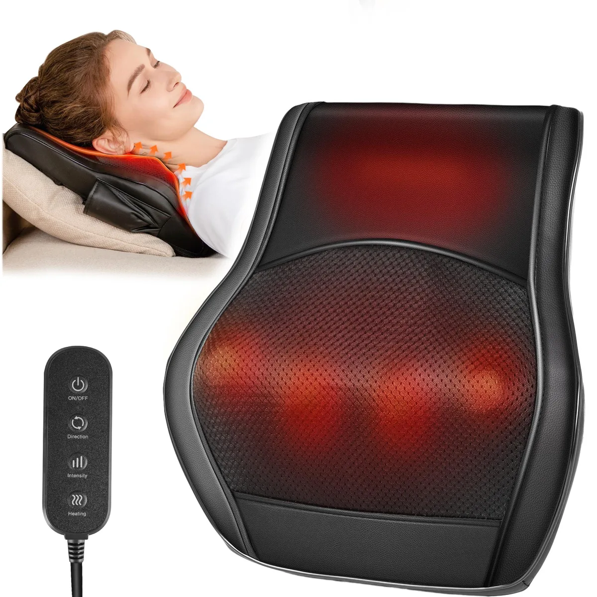 Black rectangular massage pillow with faux leather cover and remote control