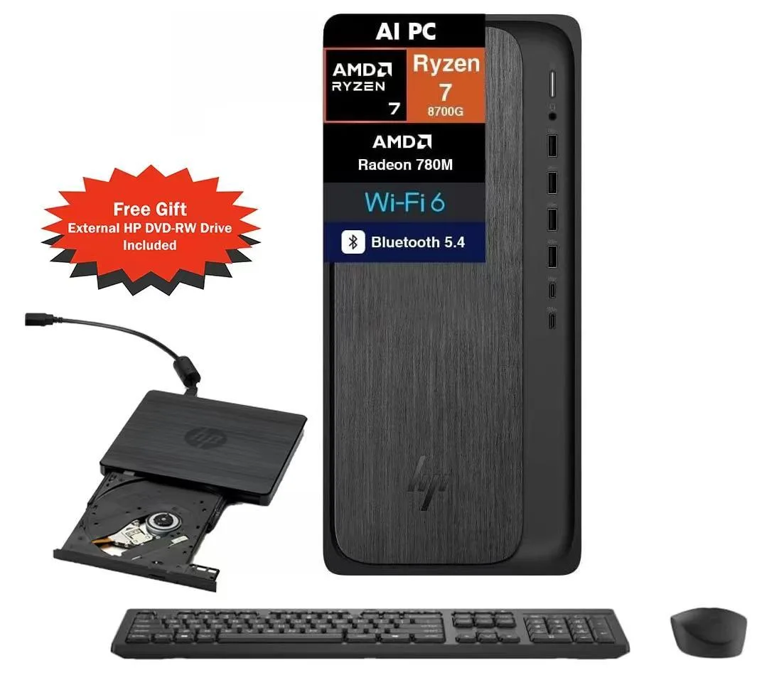 HP HP OmniDesk Tower Ryzen 7 8700G 32GB DDR5 2TB SSD Dark Wood desktop PC — product photo
