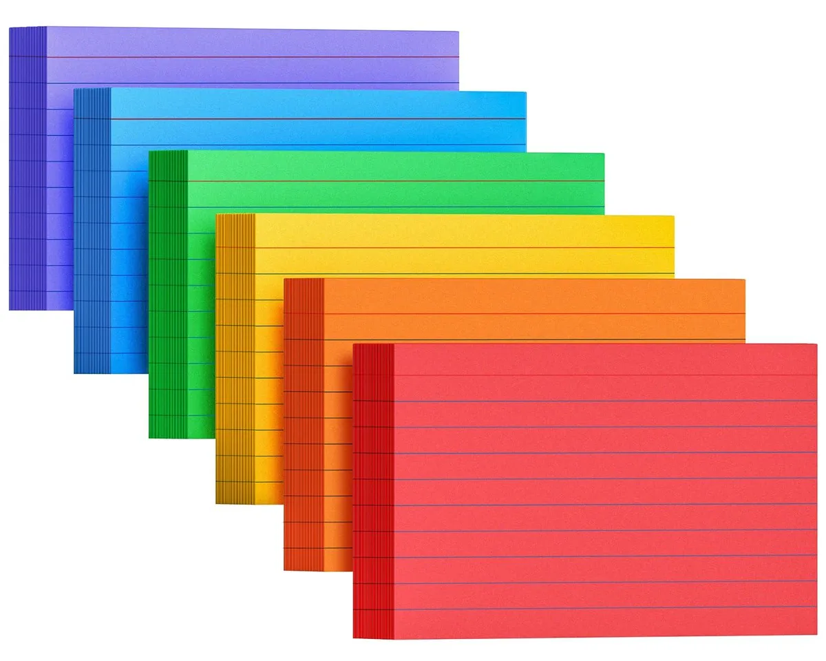 Stack of 300 neon index cards, 3 by 5 inches, ruled lines, six colours