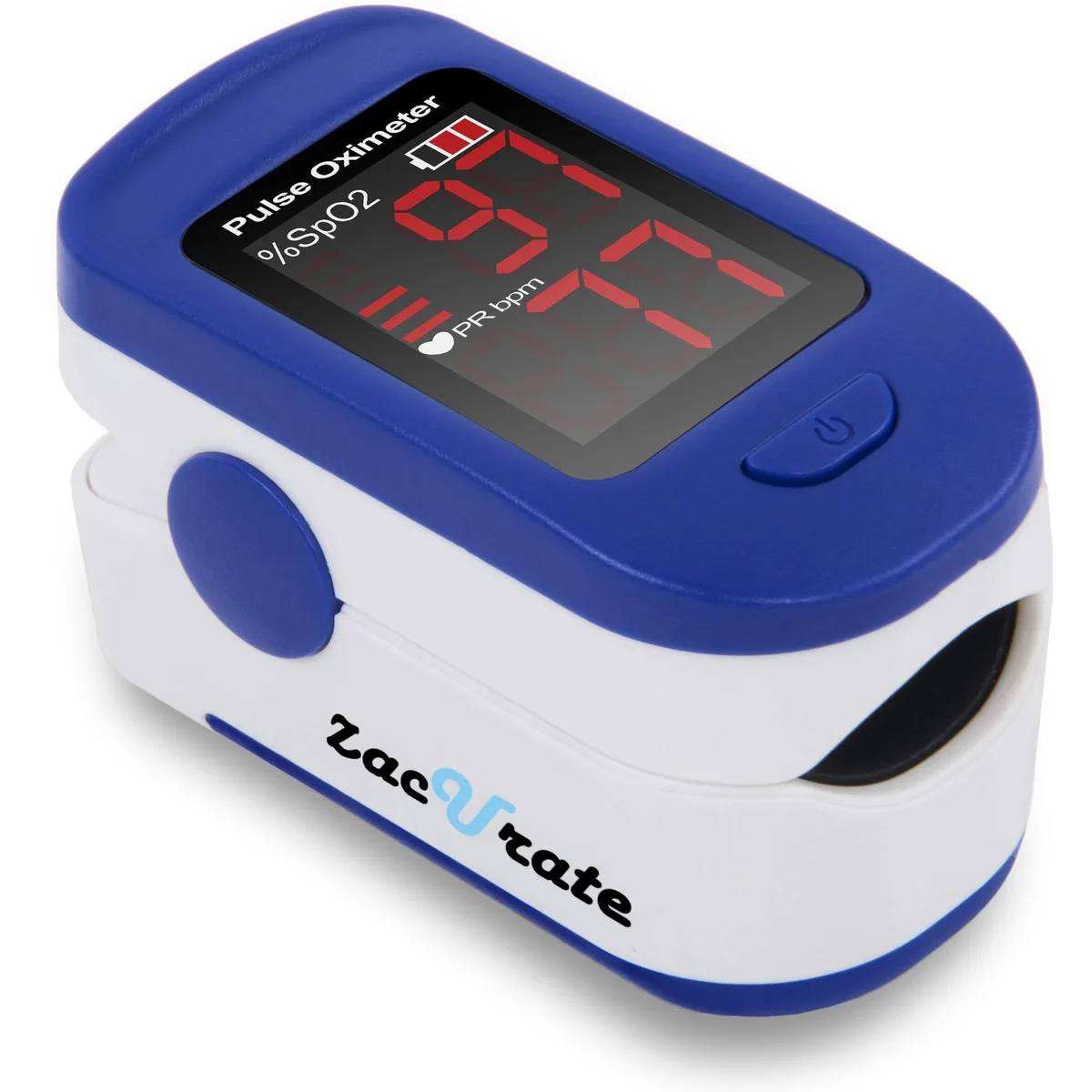Navy blue fingertip pulse oximeter with LED display and spring-loaded finger chamber