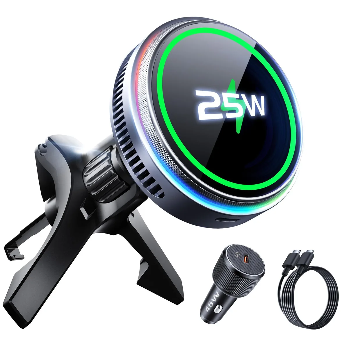 Grey magnetic car charger with vent mount and cooling fan