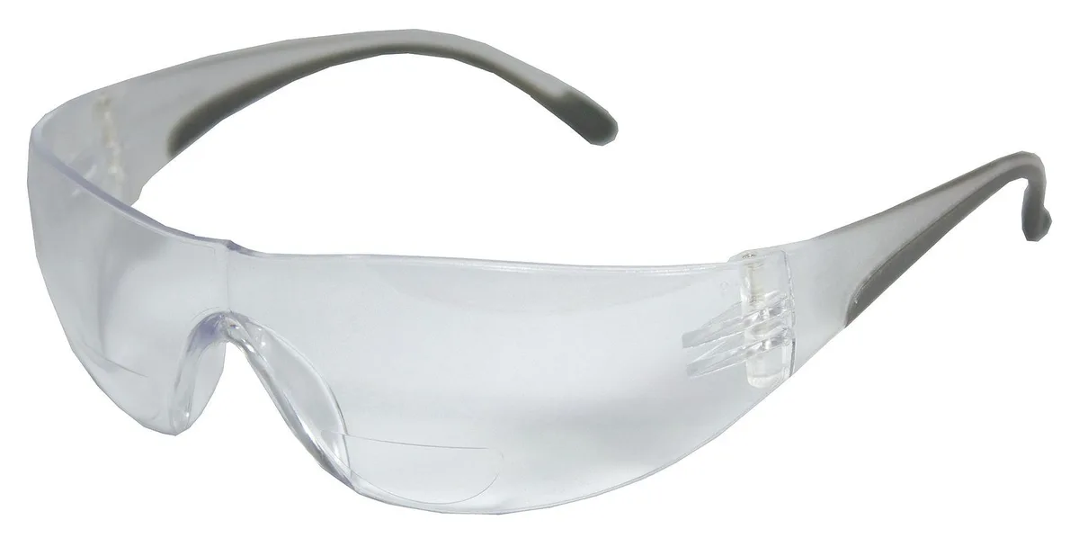 Clear wraparound rimless safety glasses with +3.0 bifocal segments