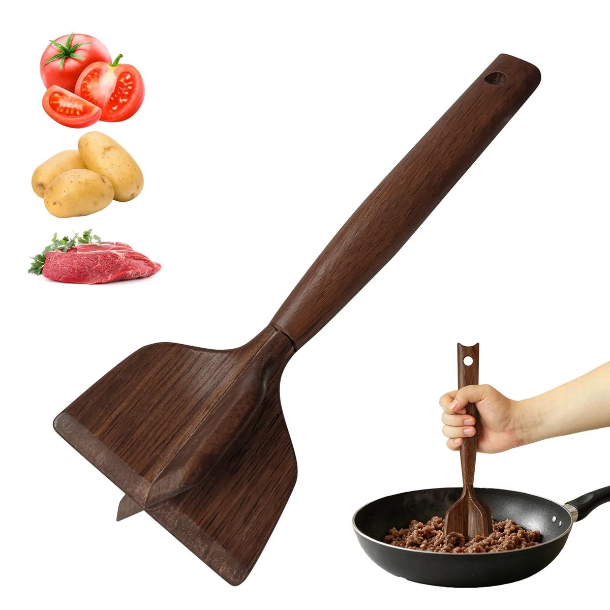 Wooden meat masher with four-blade head and long handle, brown finish