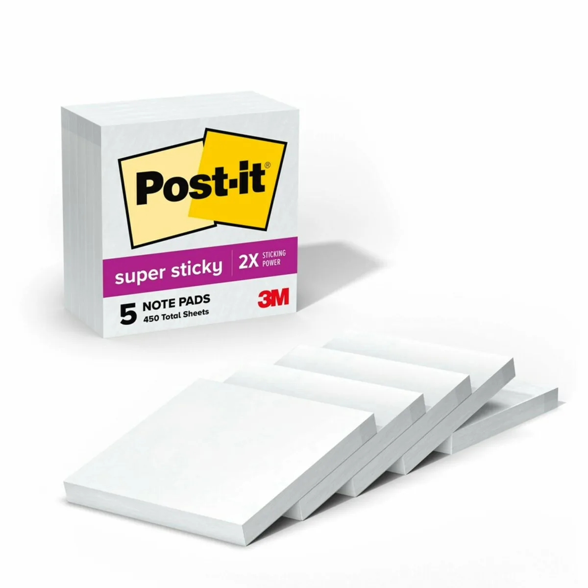 Five square pads of white sticky notes in a paperboard carton