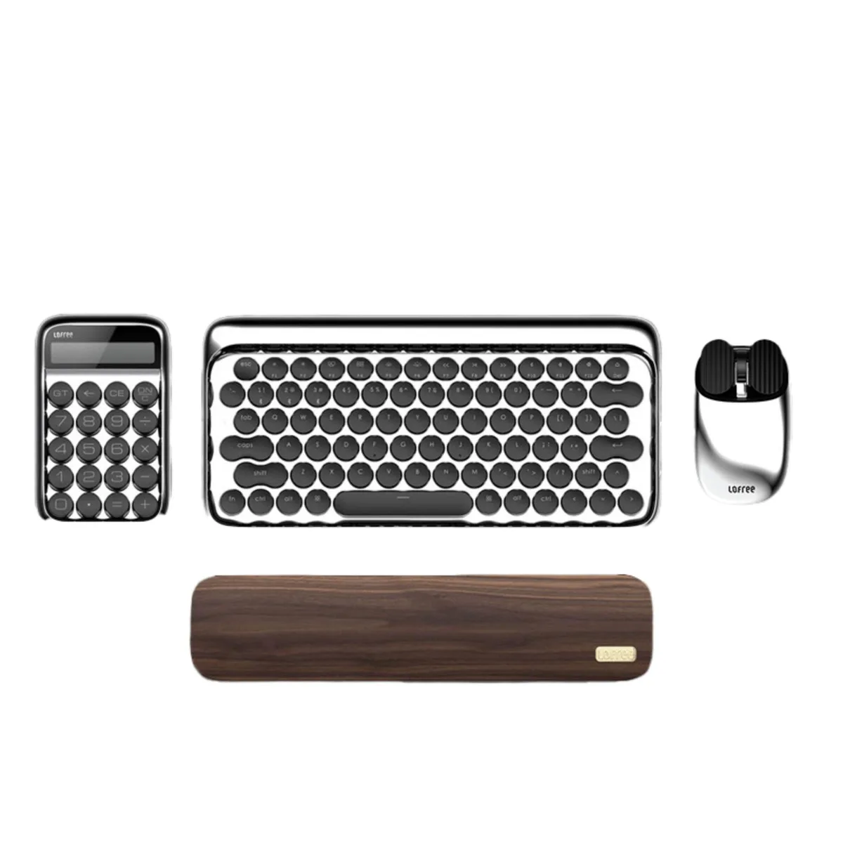 Matte black keyboard, mouse, palm rest, keycaps and calculator in gift box