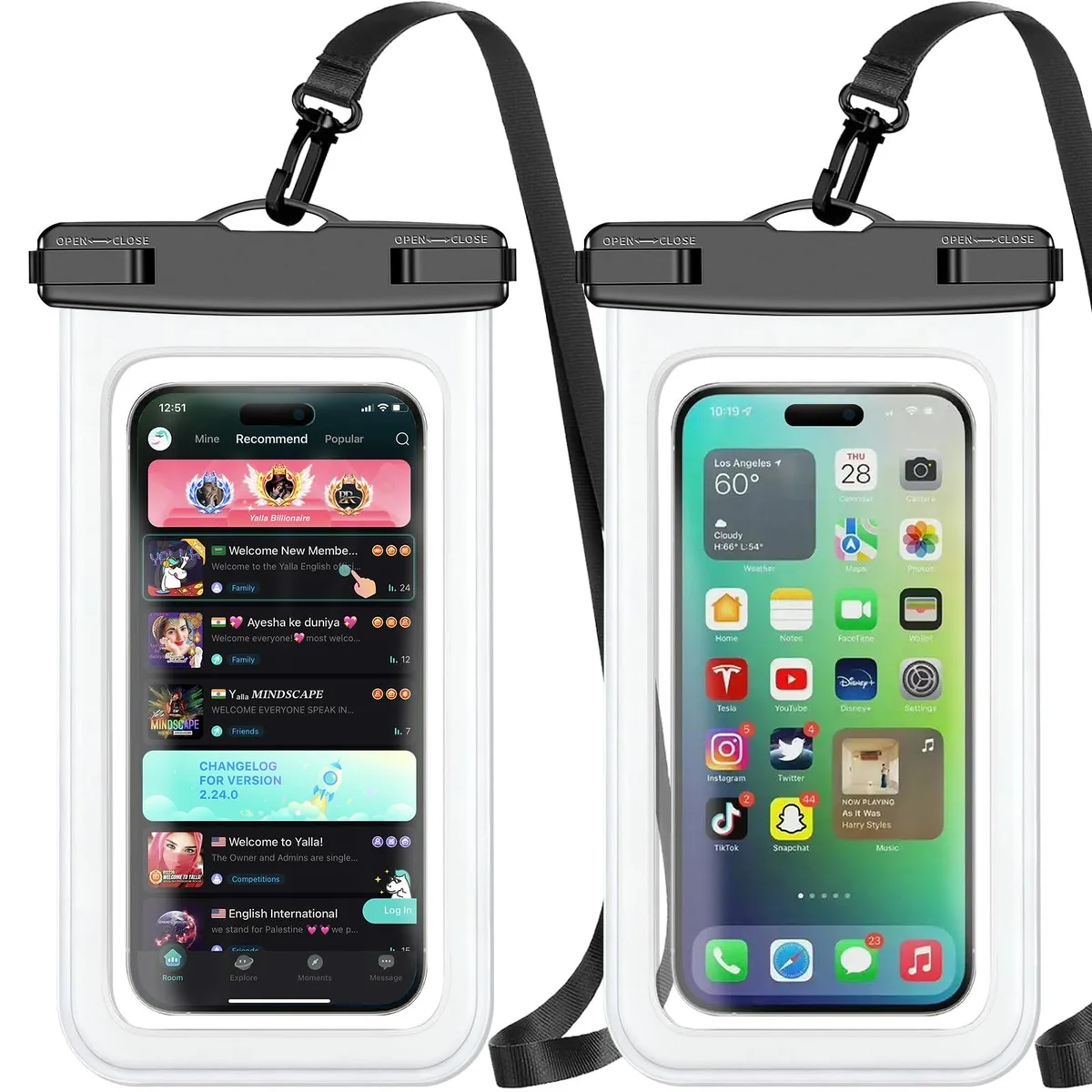 Two white rectangular waterproof pouches with clear windows and top lanyards